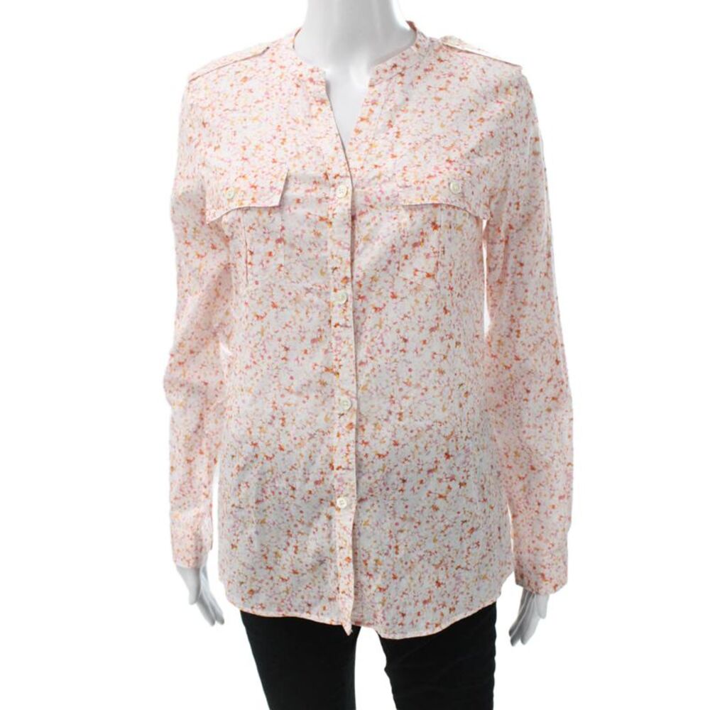 Faconnable Women Floral V-Neck Cotton Button Up Blouse Long Sleeve Size 4